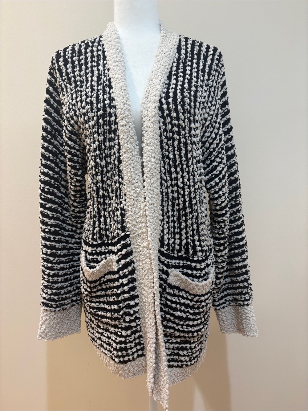 Bobeau Popcorn Boucle Striped Open Cardigan